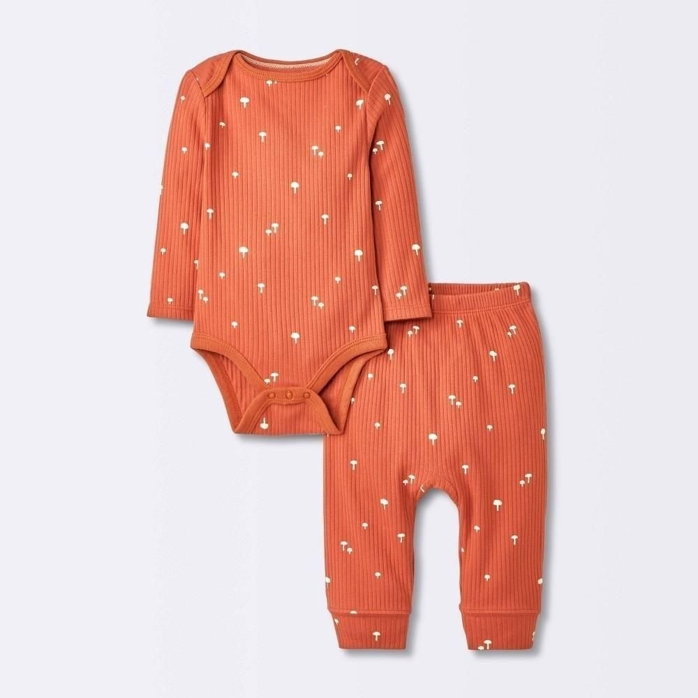 Baby 2pc Neutral Mushroom Wide Ribbed Top & Bottom Set - Cloud Island™ Rust 0-3M